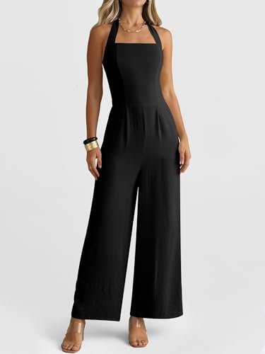 ✨ ANRABESS – Combinaison Femme Dos Nu, Taille Haute Smockée & Pantalon Large avec Poches