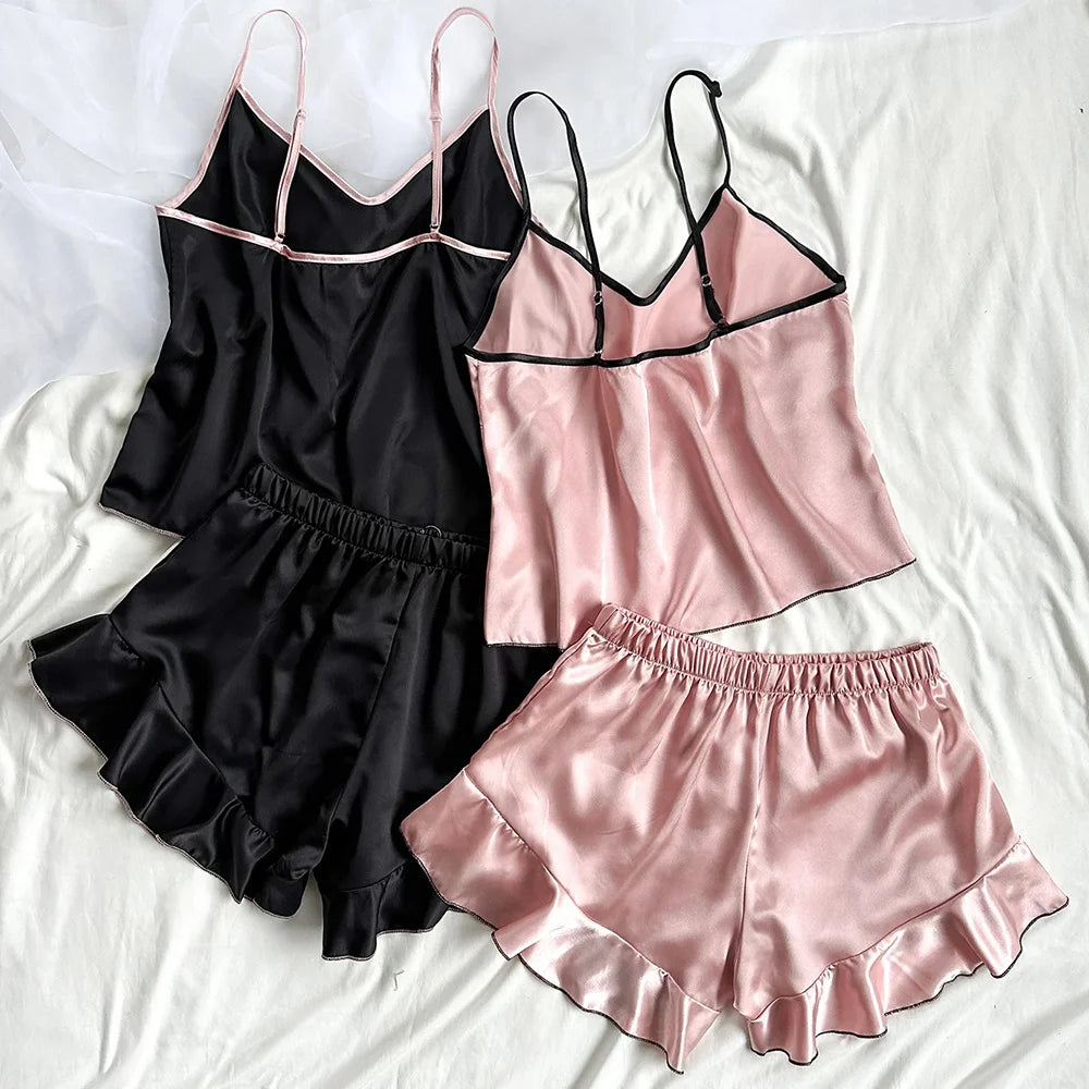 Pyjama femme en satin lisse – Haut col V à volants et short à nœud – Ensemble 2 pièces
