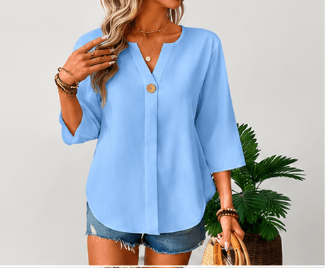 Blouse Femme Balvessa Col V – Manches 3/4 & Élégance Minimaliste VELICYA