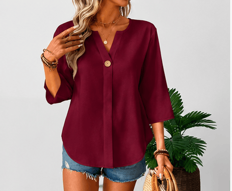 Blouse Femme Balvessa Col V – Manches 3/4 & Élégance Minimaliste VELICYA