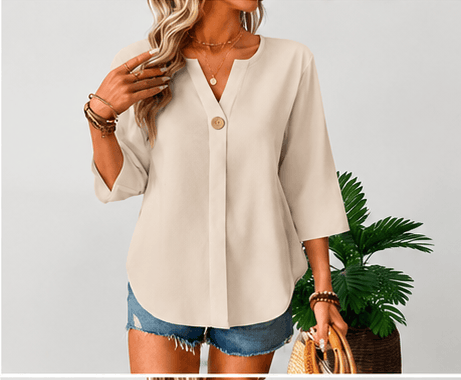 Blouse Femme Balvessa Col V – Manches 3/4 & Élégance Minimaliste VELICYA