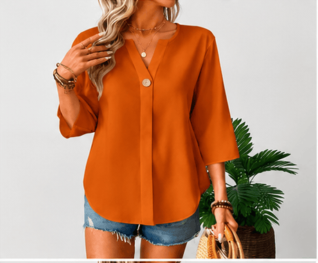 Blouse Femme Balvessa Col V – Manches 3/4 & Élégance Minimaliste VELICYA