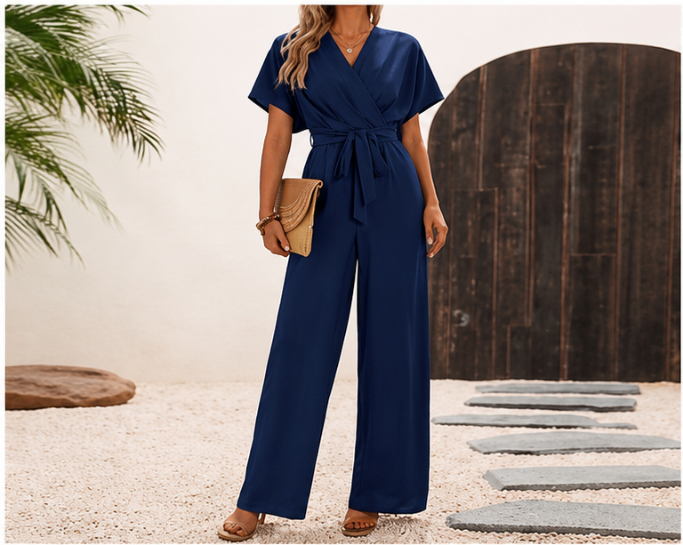 ✨ EMERY ROSE – Combinaison cache-cœur pour femme avec taille nouée et pantalon large