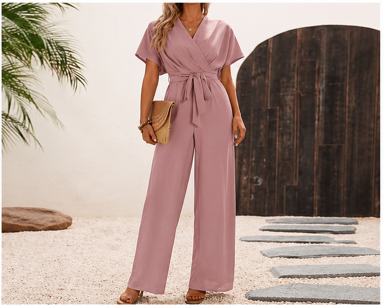 ✨ EMERY ROSE – Combinaison cache-cœur pour femme avec taille nouée et pantalon large