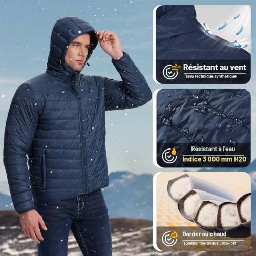 33,000ft – Veste matelassée légère à capuche pour homme – Chaude, résistante à l’eau et pliable