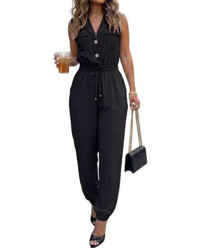 🖤 Nouvelle Collection 2026 CHICME – Combinaison Cargo Femme Noire, Col à Revers, Taille Haute & Poches