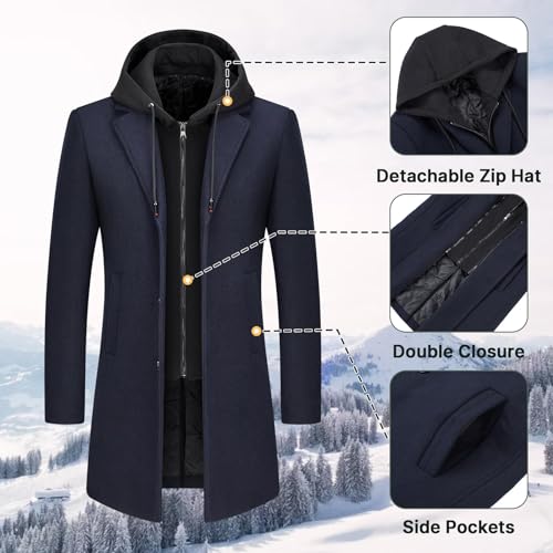 Manteau en laine pour homme avec capuche amovible – Manteau long, chaud et élégant pour l’hiver