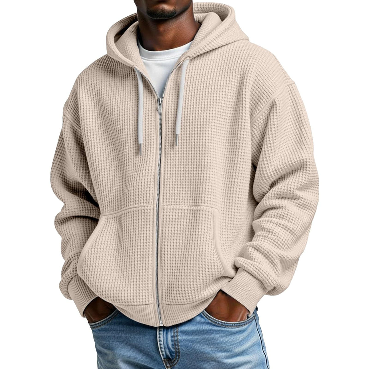 Veste homme à capuche zippée, coupe oversize gaufrée
