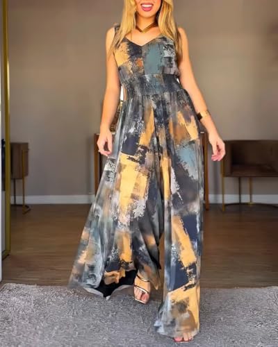 🌿 CHICME – Combinaison Femme à Imprimé Abstrait, Sans Manches & Pantalon Large – Chic Artistique