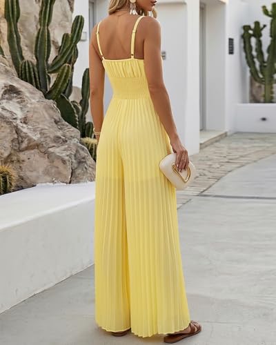 💛 CHICME – Combinaison femme plissée jaune, décolleté en V profond & pantalon large doublé