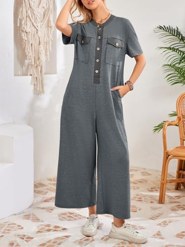 Fisoew – Combinaison Femme Casual Col V, Boutonnée & Coupe Ample avec Poches