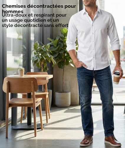 Chemise homme à col montant – Manches longues, extensible et infroissable – Style casual chic