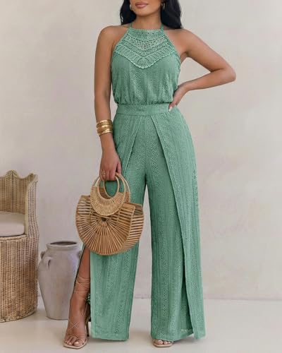 💚 CHICME – Combinaison Femme à broderie ajourée, col licou en crochet & pantalon large fendu