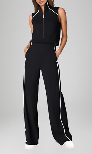 🖤 SENSERISE – Combinaison Femme Sans Manches, Col Montant Zippé & Pantalon Large avec Poches