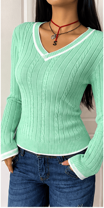 💙 Pull Femme Bleu Marine & Blanc en Maille Côtelée – Élégance Casual Chic VELICYA