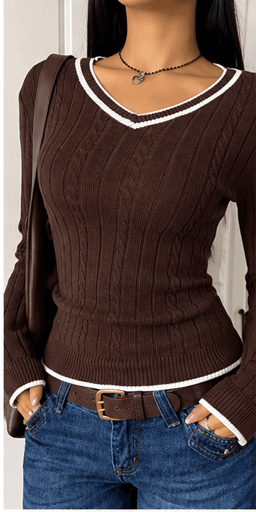💙 Pull Femme Bleu Marine & Blanc en Maille Côtelée – Élégance Casual Chic VELICYA