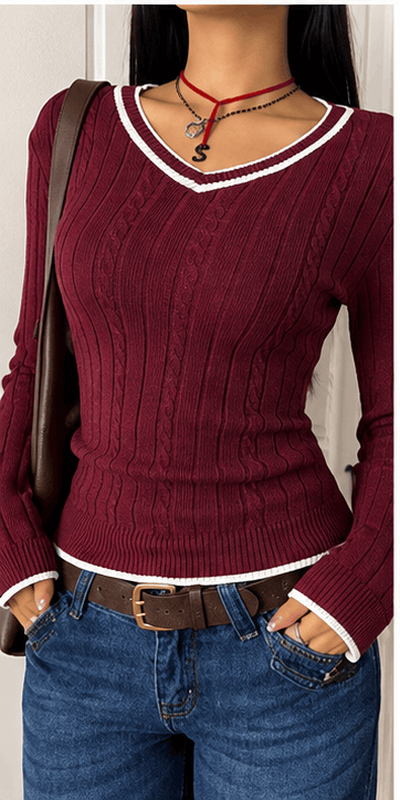 💙 Pull Femme Bleu Marine & Blanc en Maille Côtelée – Élégance Casual Chic VELICYA