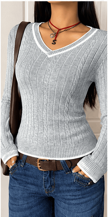 💙 Pull Femme Bleu Marine & Blanc en Maille Côtelée – Élégance Casual Chic VELICYA