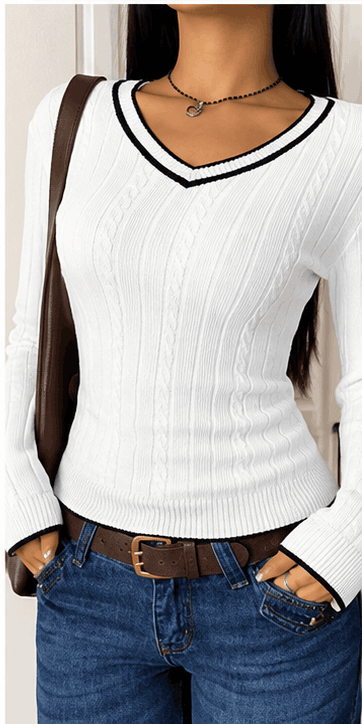 💙 Pull Femme Bleu Marine & Blanc en Maille Côtelée – Élégance Casual Chic VELICYA