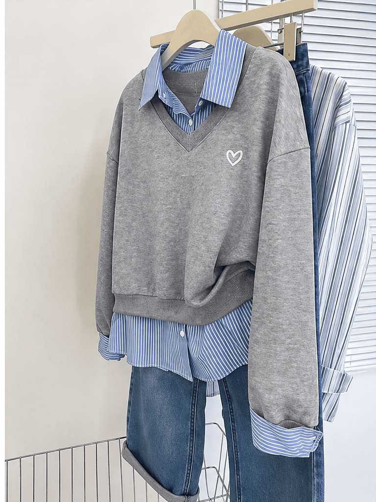 Sweat Femme 2-en-1 avec Chemise Rayée – Petit Cœur & Style Preppy Chic VELICYA