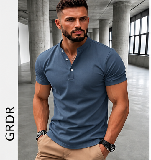 T-shirt Henley Homme GRDR – Manches courtes, couleur unie et style casual chic