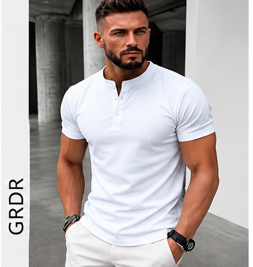 T-shirt Henley Homme GRDR – Manches courtes, couleur unie et style casual chic