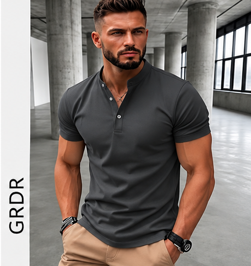 T-shirt Henley Homme GRDR – Manches courtes, couleur unie et style casual chic