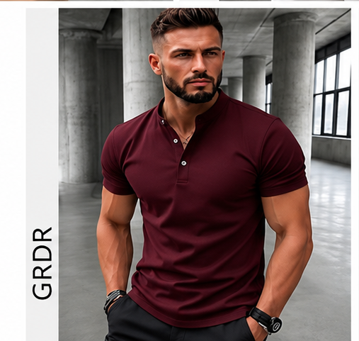 T-shirt Henley Homme GRDR – Manches courtes, couleur unie et style casual chic
