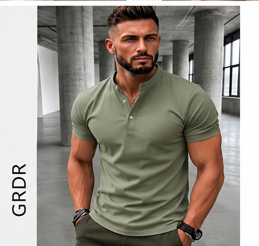 T-shirt Henley Homme GRDR – Manches courtes, couleur unie et style casual chic