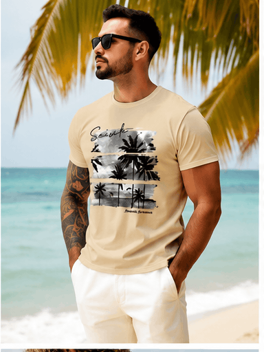 T-Shirt Homme Tropical VIVINTIMO – Kaki Foncé, Imprimé Palmier & Style Vacances VELICYA