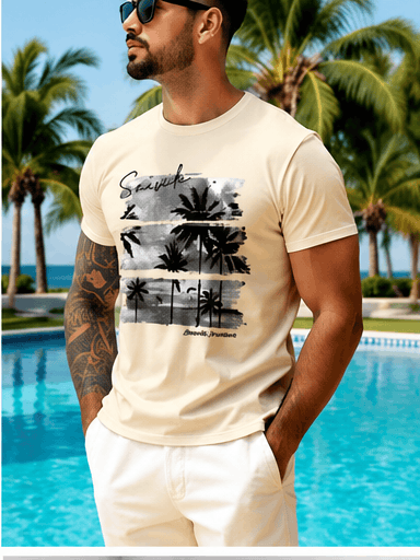 T-Shirt Homme Tropical VIVINTIMO – Kaki Foncé, Imprimé Palmier & Style Vacances VELICYA