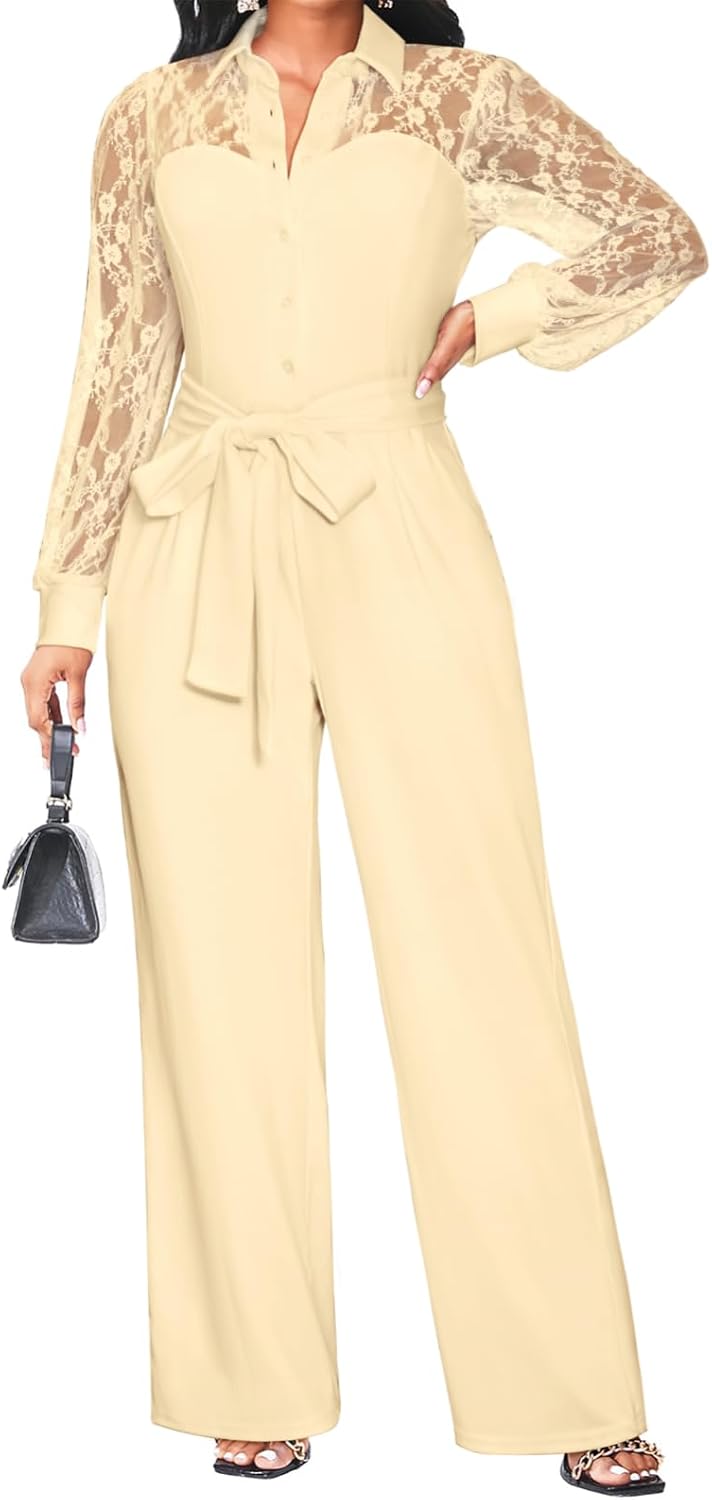 Acelyn – Combinaison élégante en dentelle pour femme, manches bouffantes et pantalon large