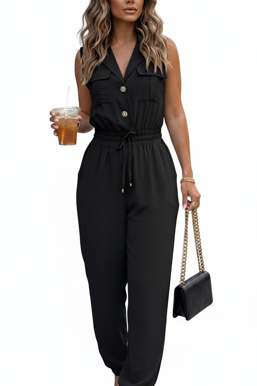 🖤 Nouvelle Collection 2026 CHICME – Combinaison Cargo Femme Noire, Col à Revers, Taille Haute & Poches