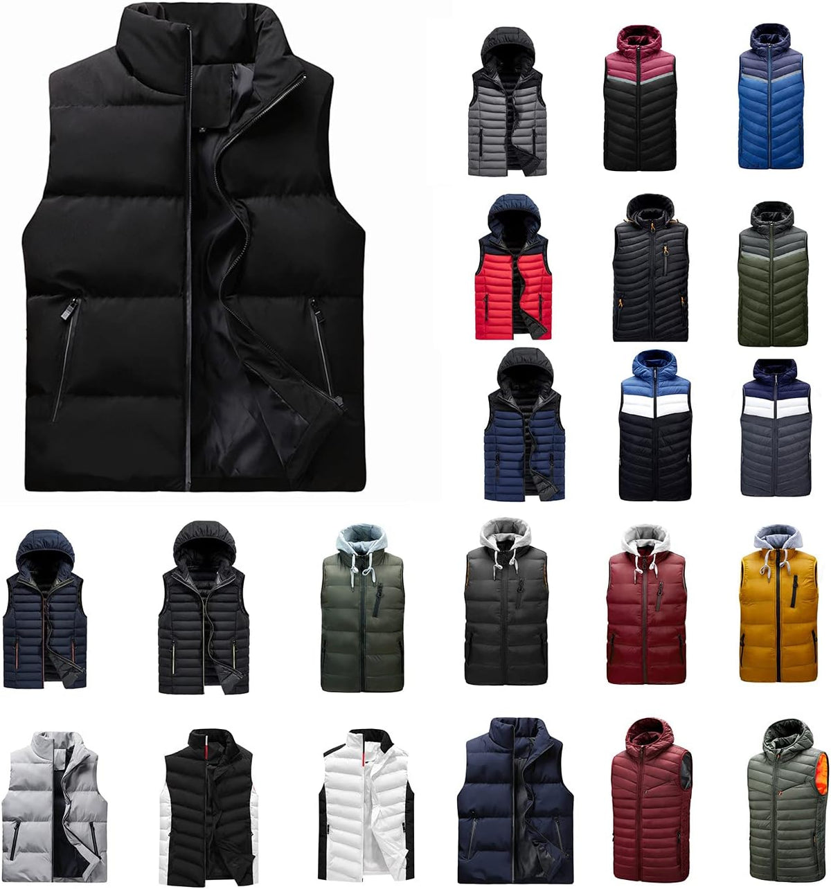 FSFA – Doudoune sans manches à capuche pour homme – Gilet chaud zippé color-block pour l’hiver