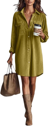 Robe chemise Minetom en velours côtelé à manches longues