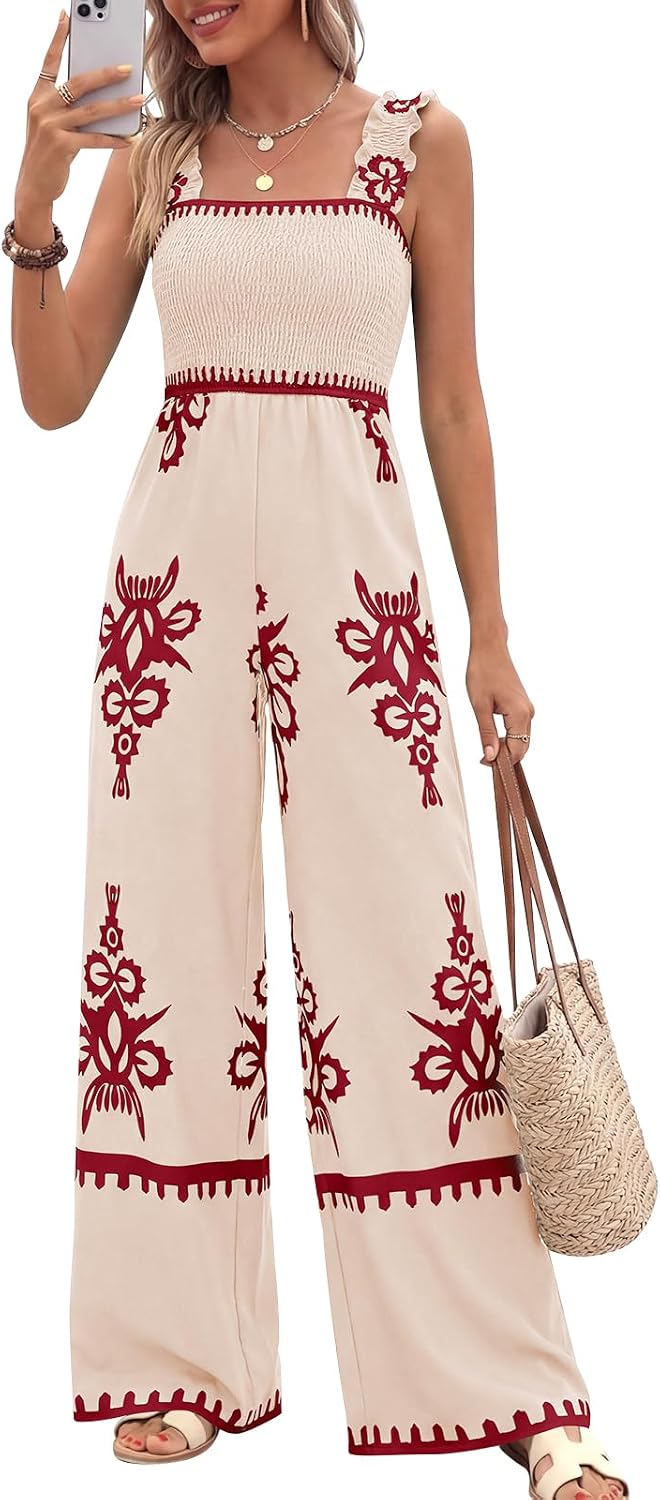 🌸 PRETTYGARDEN – Combinaison bohème fleurie pour femme, bretelles froncées et pantalon palazzo