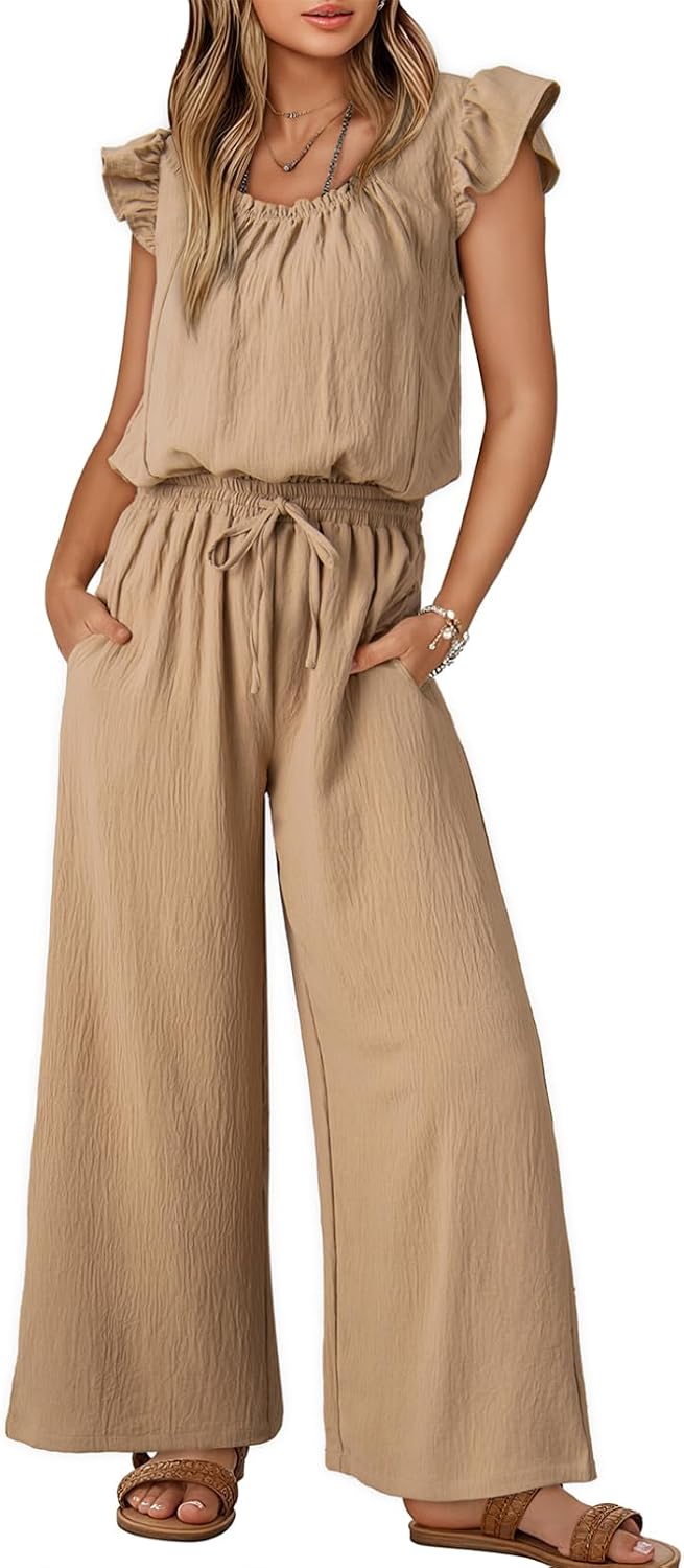 🌸 Dokotoo – Combinaison Femme Rose à Col V, Manches Volantées, Taille Ajustable & Poches