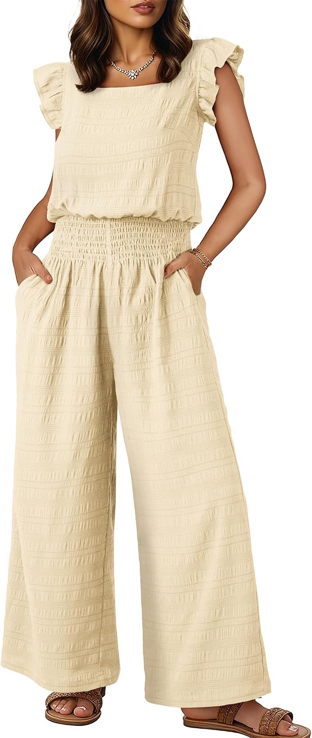 Dokotoo – Combinaison femme smockée sans manches, col carré et pantalon large avec poches