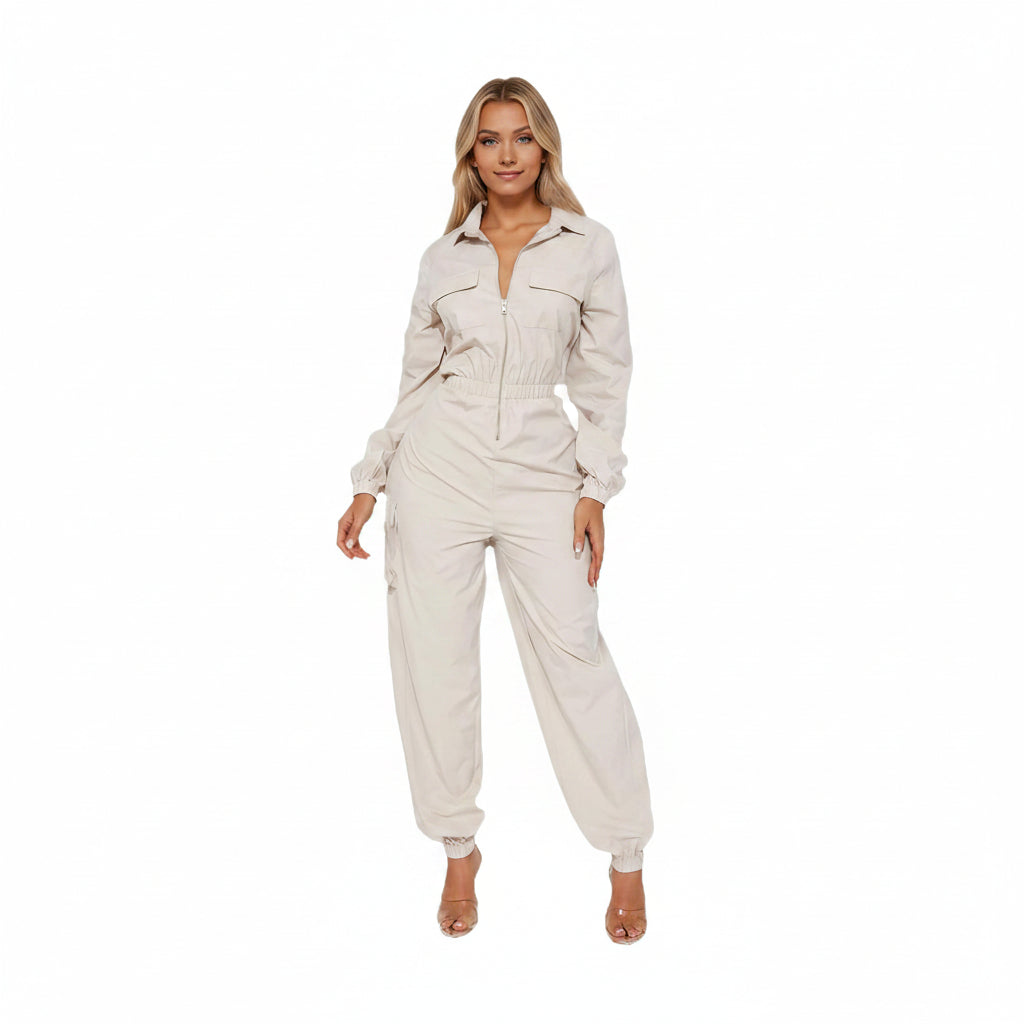 🖤 WOKANSE – Combinaison cargo pour femme à taille haute élastique, zip frontal et poches