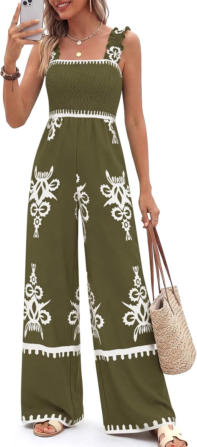 🌸 PRETTYGARDEN – Combinaison bohème fleurie pour femme, bretelles froncées et pantalon palazzo