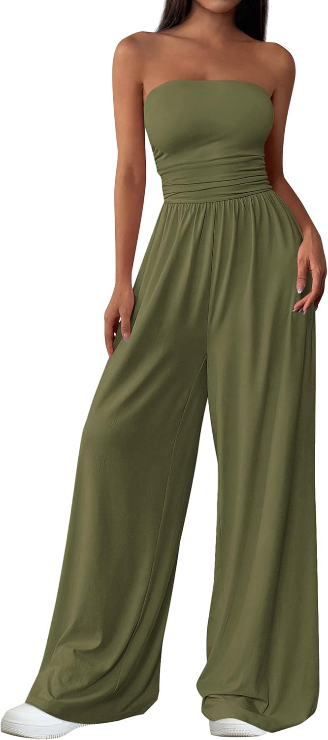 PRETTYGARDEN – Combinaison Femme Bustier Sans Bretelles, Taille Haute & Pantalon Large – Chic Vacances