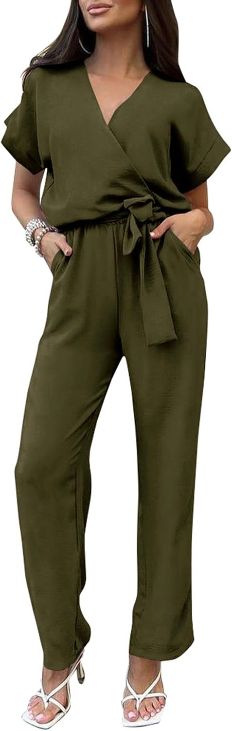 PRETTYGARDEN – Combinaison femme élégante, col V cache-cœur, taille nouée et pantalon large