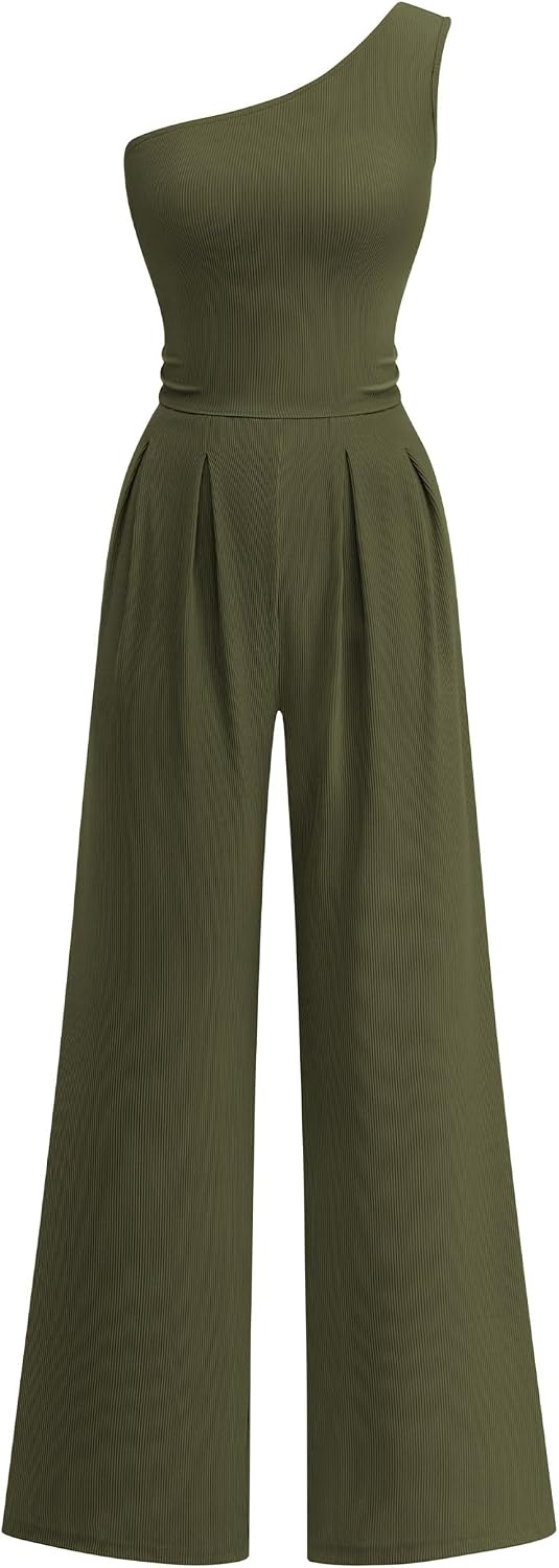 KIRUNDO – Combinaison femme élégante asymétrique, taille froncée et pantalon large avec poches