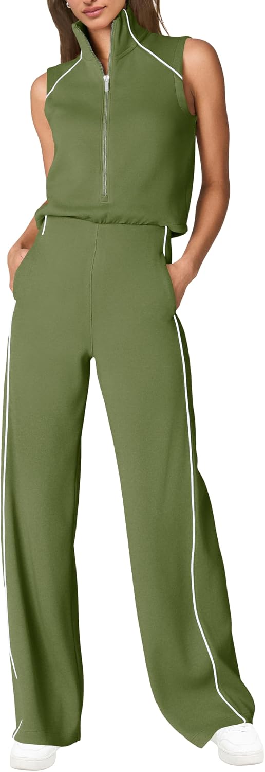 🖤 SENSERISE – Combinaison Femme Sans Manches, Col Montant Zippé & Pantalon Large avec Poches