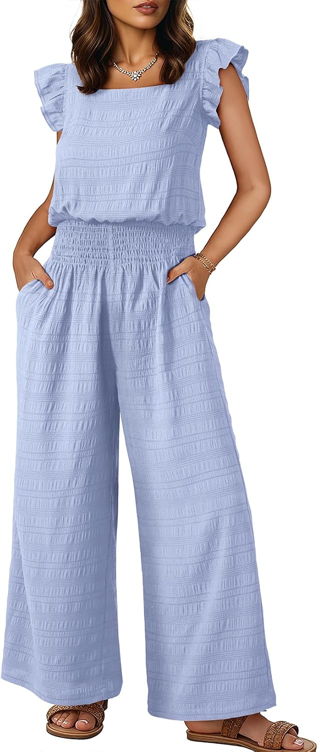 Dokotoo – Combinaison femme smockée sans manches, col carré et pantalon large avec poches