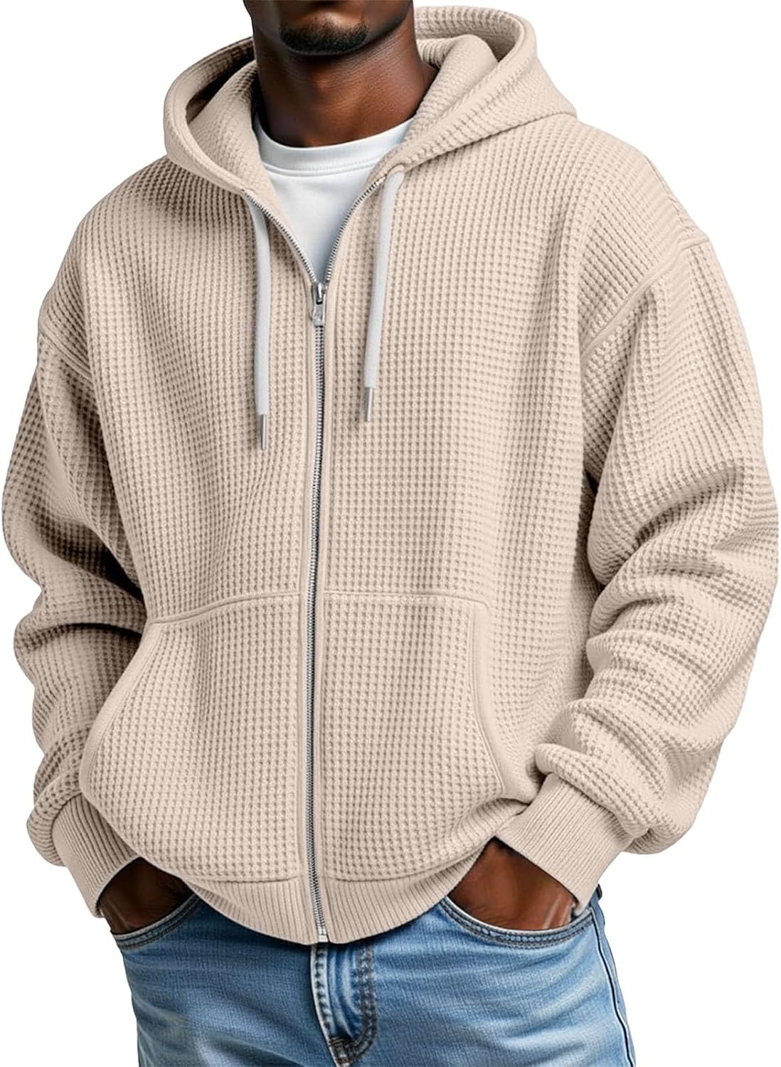 Veste homme à capuche zippée, coupe oversize gaufrée