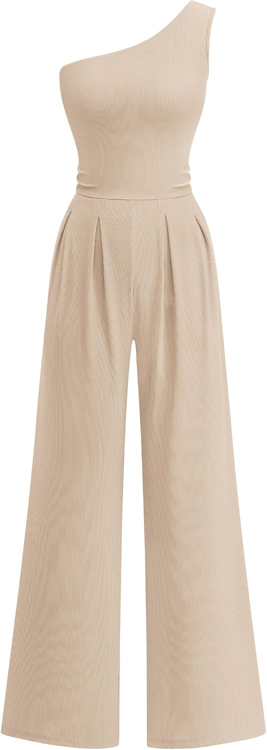 KIRUNDO – Combinaison femme élégante asymétrique, taille froncée et pantalon large avec poches