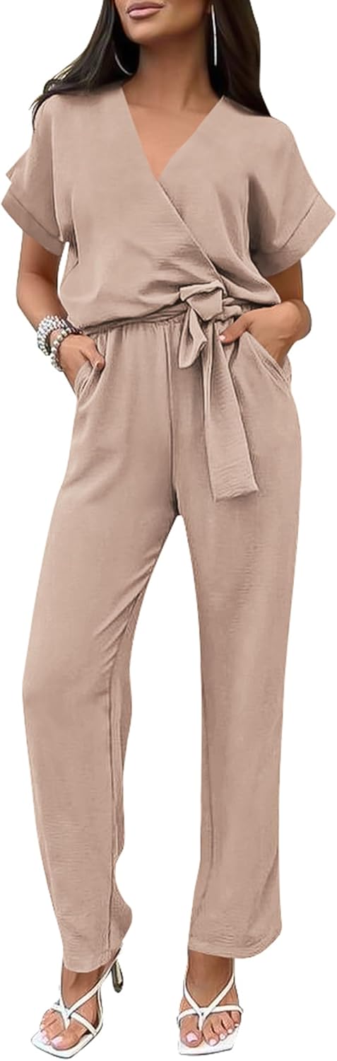 PRETTYGARDEN – Combinaison femme élégante, col V cache-cœur, taille nouée et pantalon large