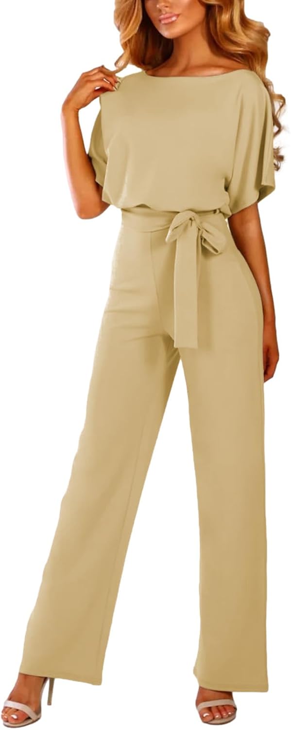 ✨ amropi – Combinaison Femme Élégante à Manches Courtes, Taille Nouée & Jambes Larges