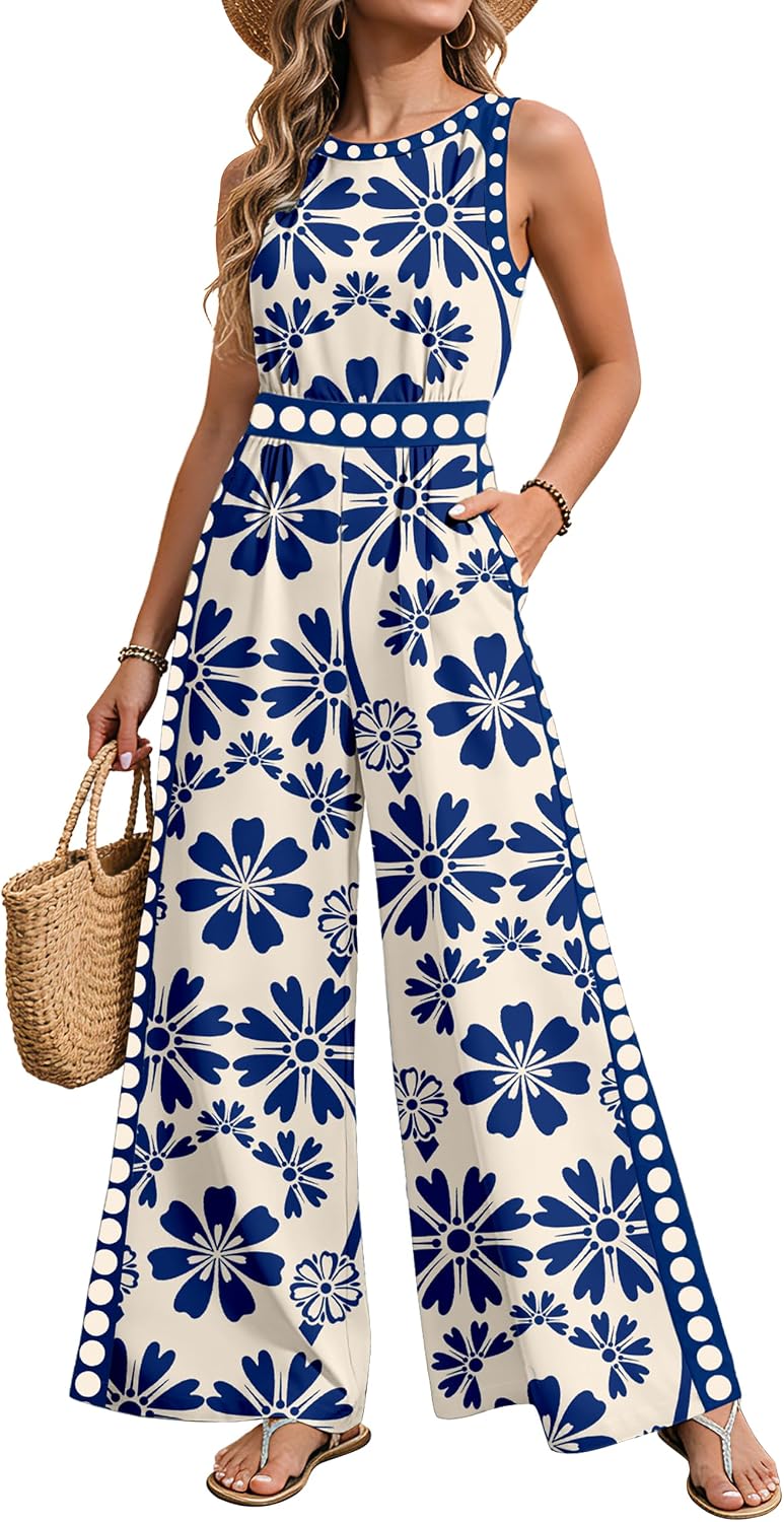 💙 AGERWAY – Combinaison Femme Fleurie Bleu Marine, Taille Smockée & Pantalon Large